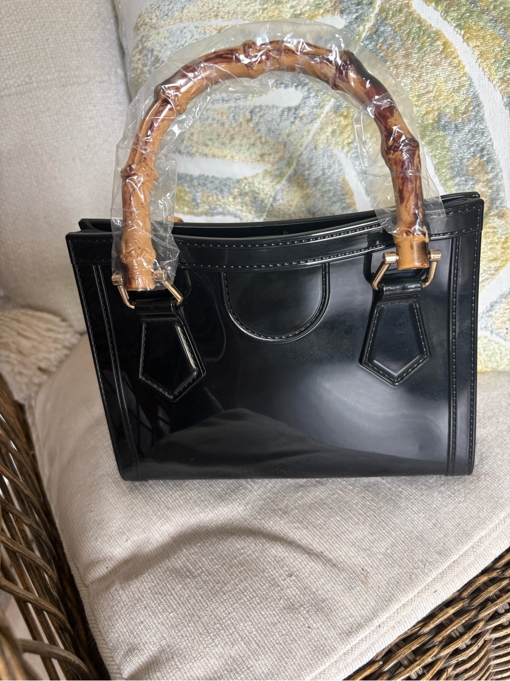 Black Waterproof bamboo handle handbag